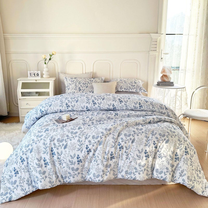 EAVD Queen Comforter Set White and Blue Floral Bedding Set for Girls Soft Microfiber Comforter Set Vintage Garden Floral Comforter Set with 2 Pillowcases Botanical Comforter Set for All-Season - Image 1