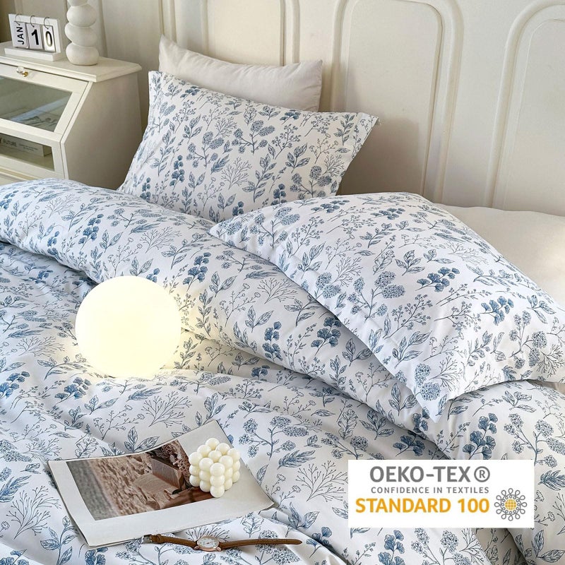 EAVD Queen Comforter Set White and Blue Floral Bedding Set for Girls Soft Microfiber Comforter Set Vintage Garden Floral Comforter Set with 2 Pillowcases Botanical Comforter Set for All-Season - Image 5