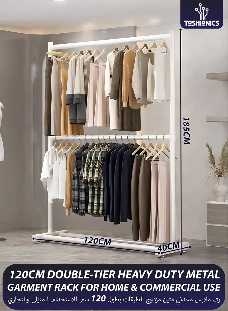 توشيونيكس حامل ملابس مزدوج القضبان، حامل تجفيف ملابس مزدوج الطبقات، منظم ملابس، خزانة مفتوحة مع قضبان تعليق من مستويين ورف تخزين سفلي، أنابيب فولاذية قوية 25 مم، سعة تحميل كبيرة 70 كجم، مع قضيبين أفقيين لتعليق الملابس، غرفة الغسيل، الشرفة، غرفة النوم، ملاءات، لحاف، بطانية، معاطف، تنانير، قمصان، قبعات، حامل سترات 120 سم - Image 1
