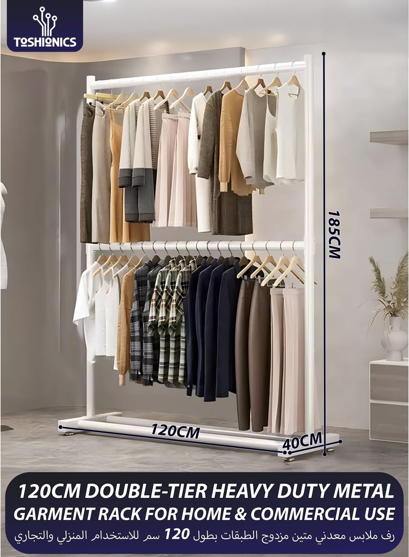 Toshionics Double Rod Clothing Rack Heavy Duty Dual Layer Clothes Drying Stand Garment Organizer Open Armoire with 2 Tier Hanger Rails and Bottom Storage Shelf, Strong 25mm Steel Pipes, 60kg Load Large Capacity Featuring Two Horizontal Bars for Hanging Clothes, Laundry Room, Balcony, Bedroom Sheets, Quilts, Blanket, Coats, Skirts, Shirts, Hats, Sweaters Holder 120cm - Image 1