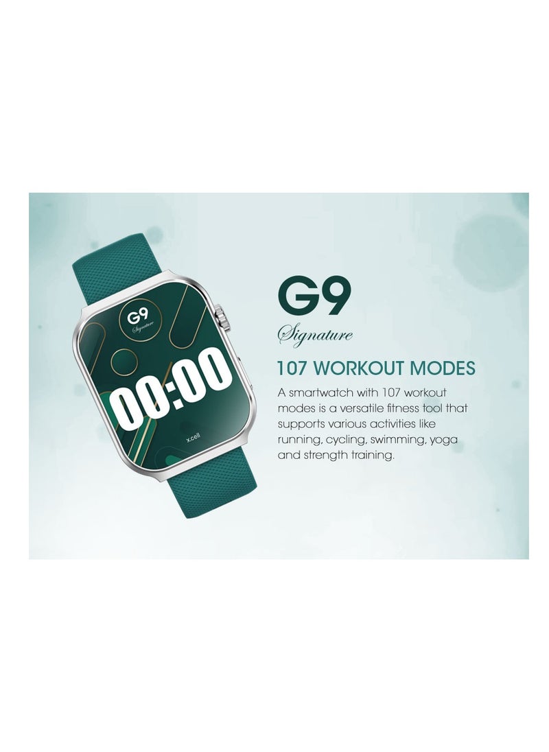 G9 Signature Unisex Smart Watch, 2.01” HD Display with IP67 Water Proof, Fitness Tracker with 107 Workout Options, 7+ Days Battery with Wireless Charging, Compatible with iOS & Android - Green