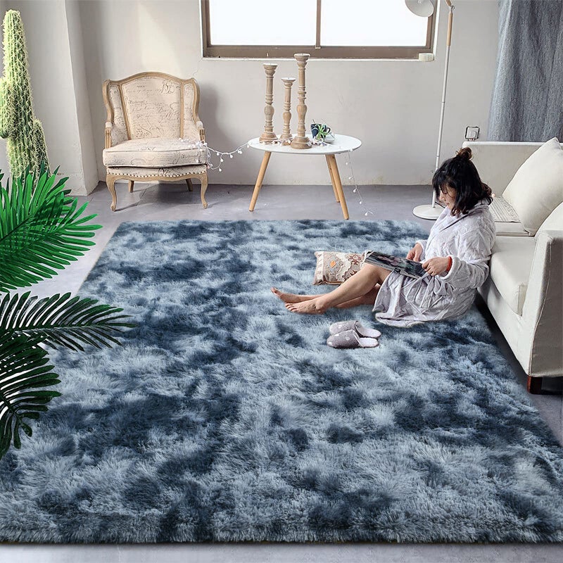 DweIke Fluffy Blue Grey Rugs for Bedroom Living Room, 4x6 Feet Soft Plush Shaggy Tie-Dyed Navy Blue Gray Girls Boys Kids Rug, Upgraded Non-Slip and Machine Washable Carpet for Dorm Nursery Decor - Image 1