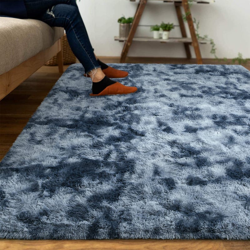 DweIke Fluffy Blue Grey Rugs for Bedroom Living Room, 4x6 Feet Soft Plush Shaggy Tie-Dyed Navy Blue Gray Girls Boys Kids Rug, Upgraded Non-Slip and Machine Washable Carpet for Dorm Nursery Decor - Image 2