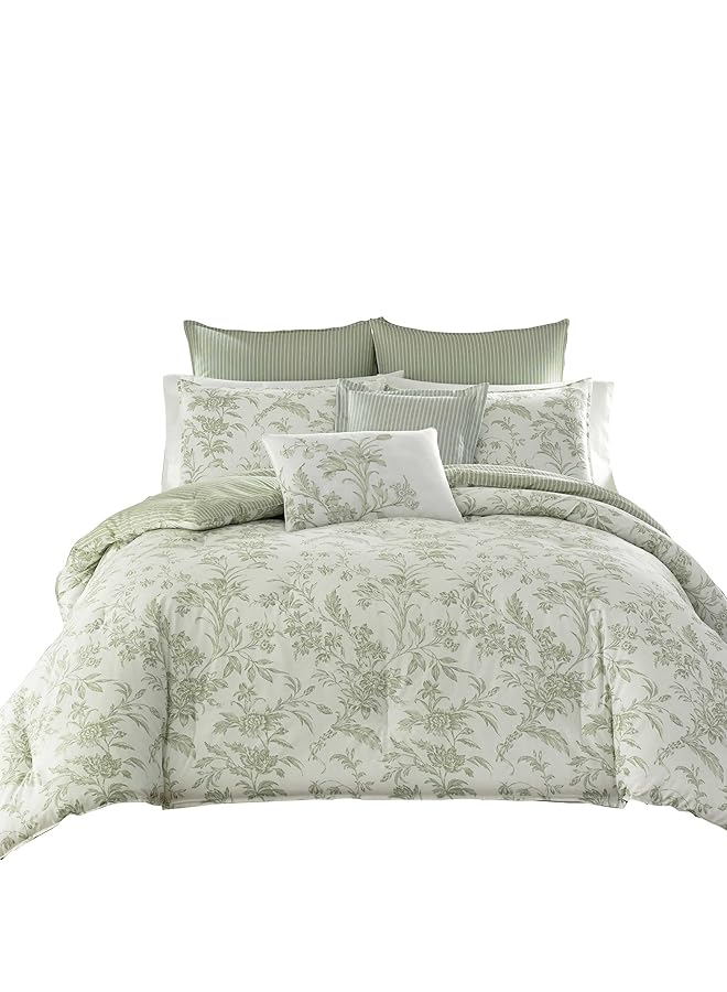 LAURA ASHLEY Home Twin Size Comforter Set Reversible Cotton Bedding Includes Matching Sham With Bonus Euro Sham And Throw Pillows Natalie Sage Off White Twin - Image 4