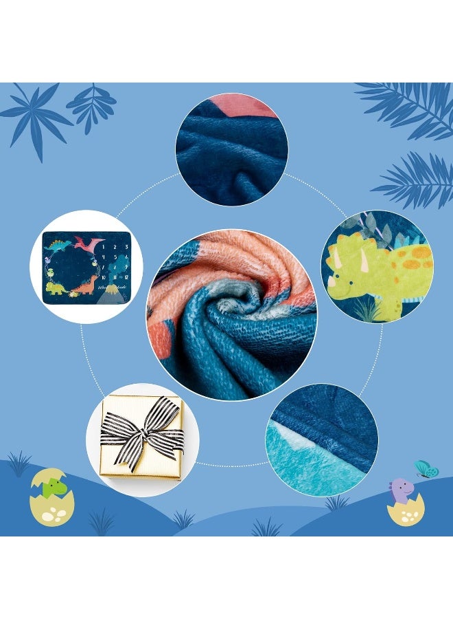 Whaline Baby Monthly Milestone Dinosaur Theme Blanket - Newborn Photography Prop, Flannel Nap Mat Backdrop With 2 Frames, Cartoon Growth Photo Mat for Girl Boy Shower Gift - Image 3