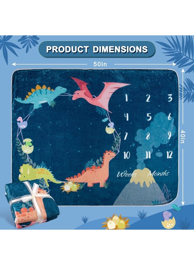 Whaline Baby Monthly Milestone Dinosaur Theme Blanket - Newborn Photography Prop, Flannel Nap Mat Backdrop With 2 Frames, Cartoon Growth Photo Mat for Girl Boy Shower Gift - Image 2