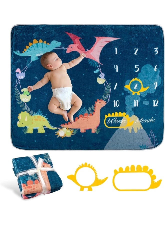Whaline Baby Monthly Milestone Dinosaur Theme Blanket - Newborn Photography Prop, Flannel Nap Mat Backdrop With 2 Frames, Cartoon Growth Photo Mat for Girl Boy Shower Gift - Image 1
