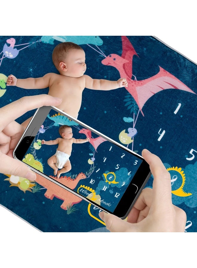 Whaline Baby Monthly Milestone Dinosaur Theme Blanket - Newborn Photography Prop, Flannel Nap Mat Backdrop With 2 Frames, Cartoon Growth Photo Mat for Girl Boy Shower Gift - Image 4
