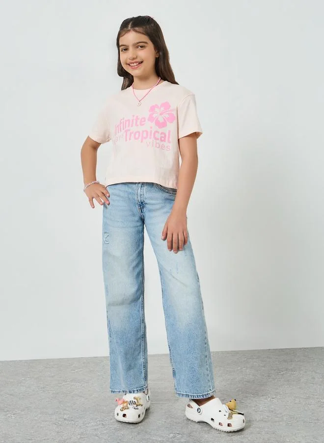 Styli Girls Graphic Print Dropped Shoulder Crop T-Shirt