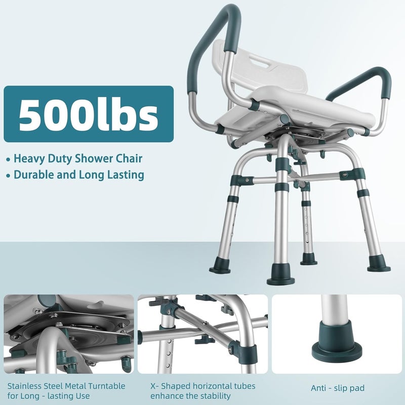 Aidwaygo Swivel Shower Chair with Arms and Back, 500 lbs Heavy Duty Shower Seat for Inside Shower Stall and Bathtub, Height Adjustable Safety Bath Seat for Elderly, Adults, Handicap and Disabled - Image 3