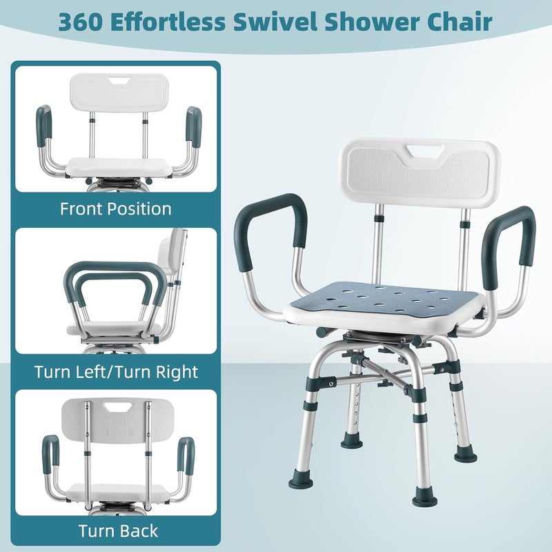 Aidwaygo Swivel Shower Chair with Arms and Back, 500 lbs Heavy Duty Shower Seat for Inside Shower Stall and Bathtub, Height Adjustable Safety Bath Seat for Elderly, Adults, Handicap and Disabled - Image 2