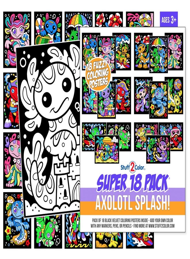 Stuff2Color Axolotl Splash! Fuzzy Velvet Coloring Posters - Super Pack of 18 Cute Axolotl & Ocean Animal Coloring Pages for Kids | Arts & Crafts Activity for Boys, Girls & Family Fun - Image 1