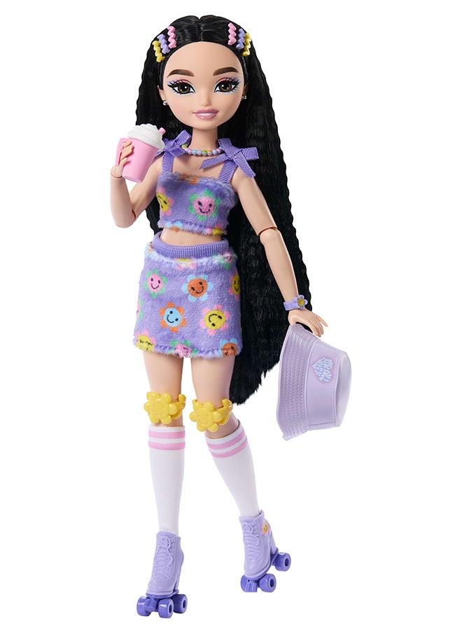 Barbie Dream Besties Doll and Accessories, Renee Posable Roller Skating Fashion Doll with Black Hair, 12 Video & Food Themed Pieces  - Image 1