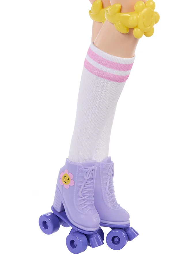Barbie Dream Besties Doll and Accessories, Renee Posable Roller Skating Fashion Doll with Black Hair, 12 Video & Food Themed Pieces