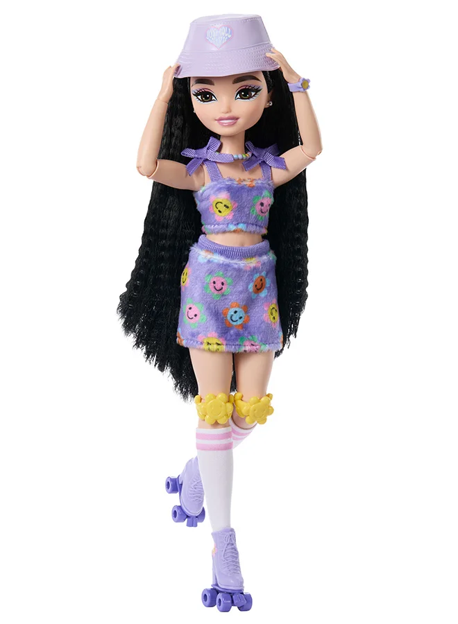Barbie Dream Besties Doll and Accessories, Renee Posable Roller Skating Fashion Doll with Black Hair, 12 Video & Food Themed Pieces