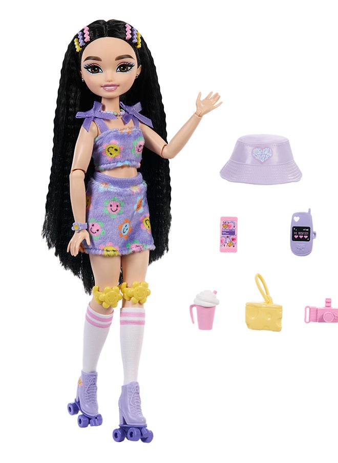 Barbie Dream Besties Doll and Accessories, Renee Posable Roller Skating Fashion Doll with Black Hair, 12 Video & Food Themed Pieces  - Image 2