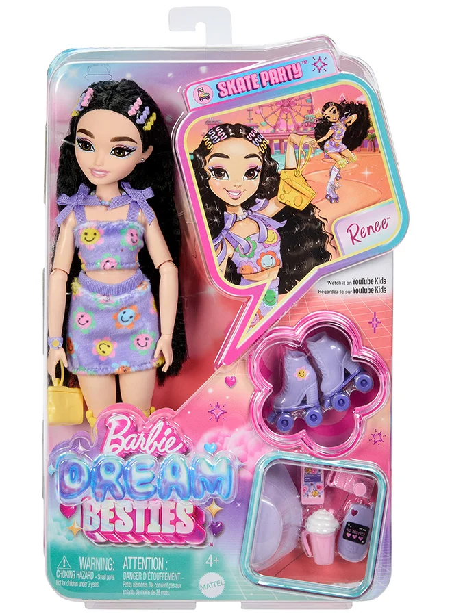 Barbie Dream Besties Doll and Accessories, Renee Posable Roller Skating Fashion Doll with Black Hair, 12 Video & Food Themed Pieces