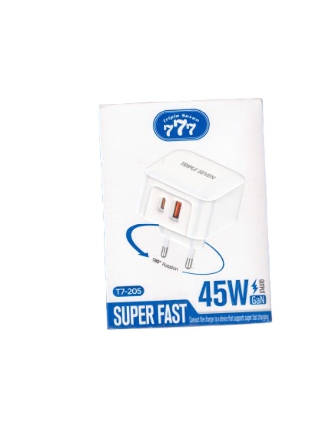 777 "777" ultra-fast 45W charger with GaN technology, two USB-C ports, rotatable design, model T7-205 - Image 1