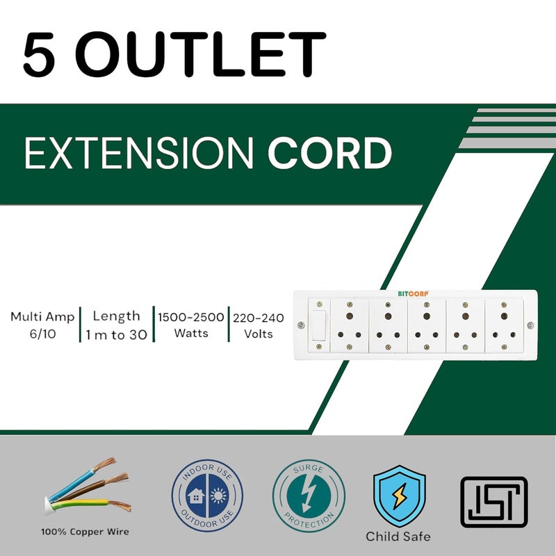 BITCORP Bitcorp Electric Extension Cord for Small Appliances 6A 5 Socket 1 Switch High Power Wattage 1500W Power Strip with 8 Meter Long Length Wire Plug White  - Image 2