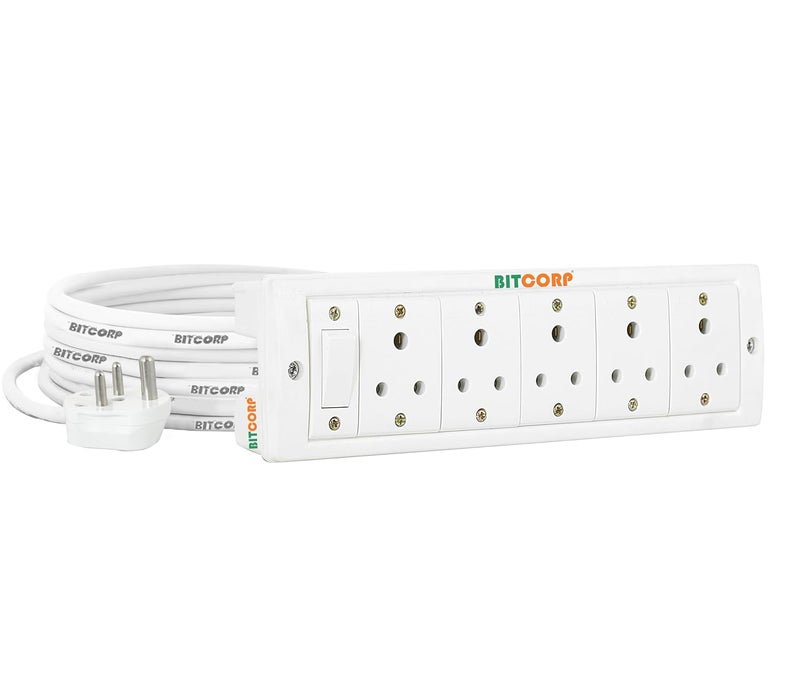 BITCORP Bitcorp Electric Extension Cord for Small Appliances 6A 5 Socket 1 Switch High Power Wattage 1500W Power Strip with 8 Meter Long Length Wire Plug White  - Image 1