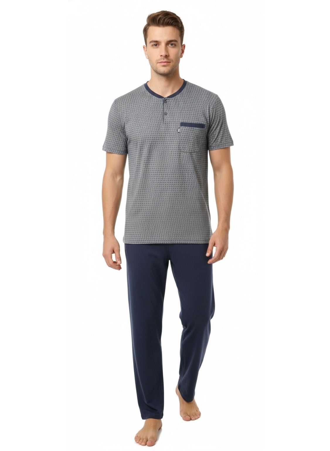 Men Summer Pajama Set Printed Top & Plain Bottom