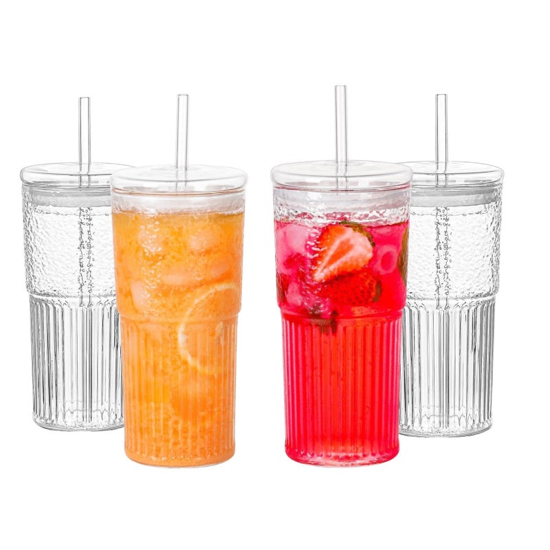 QWEZXO Glass Cups With Lids and Glass Straws20 OZ 4pcs High Borosilicate Glass Tumbler Iced Coffee Water Smoothie