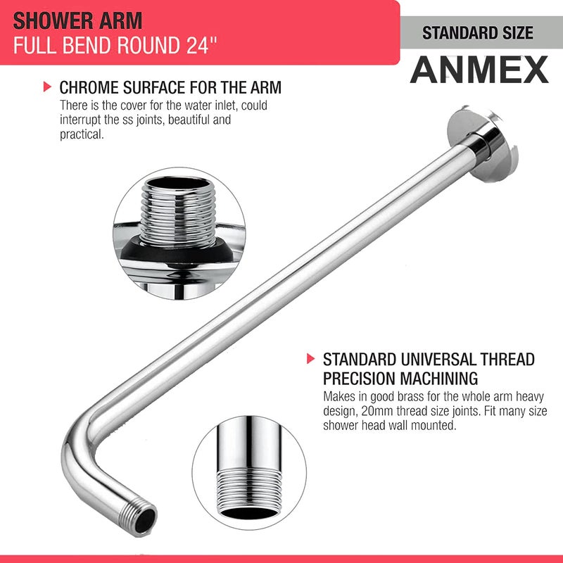 ANMEX ANMEX Round Shower Arm Premium Grade Stainless Steel Shower Holder Round Arm Half Bend 24 Inches - Image 4