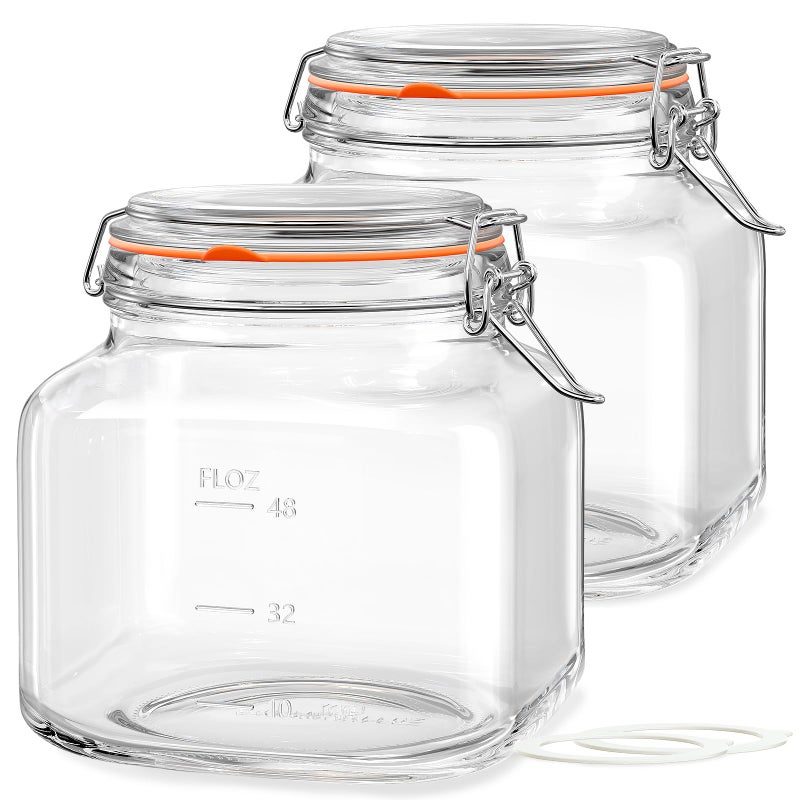 Folinstall Large Glass Jars with Airtight Lid, 2 Pack Glass Food Storage Jars with 2 Scale Marks, Square Glass Canisters for Flour, Cereal, Coffee, Pasta, Cookies, Pickle, 0.6 Gallon Wide Mouth Mason Jars - Image 1