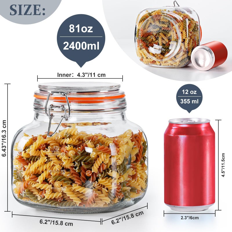 Folinstall Large Glass Jars with Airtight Lid, 2 Pack Glass Food Storage Jars with 2 Scale Marks, Square Glass Canisters for Flour, Cereal, Coffee, Pasta, Cookies, Pickle, 0.6 Gallon Wide Mouth Mason Jars - Image 2