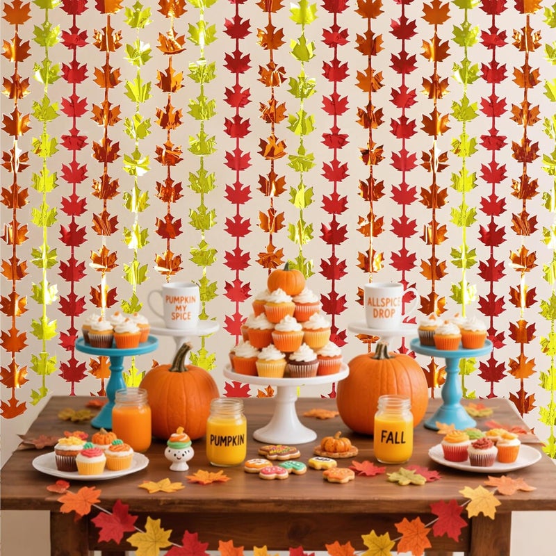 HALOGATE 3-Pack Fall Decorations, Fall Red Orange Yellow Maple Leaves Metallic Foil Fringe Curtains, 3.3X6.6Ft Farmhouse Harvest Tinsel Curtain Streamers for Autumn Thanksgiving Party Photo Booth Backdrop - Image 5