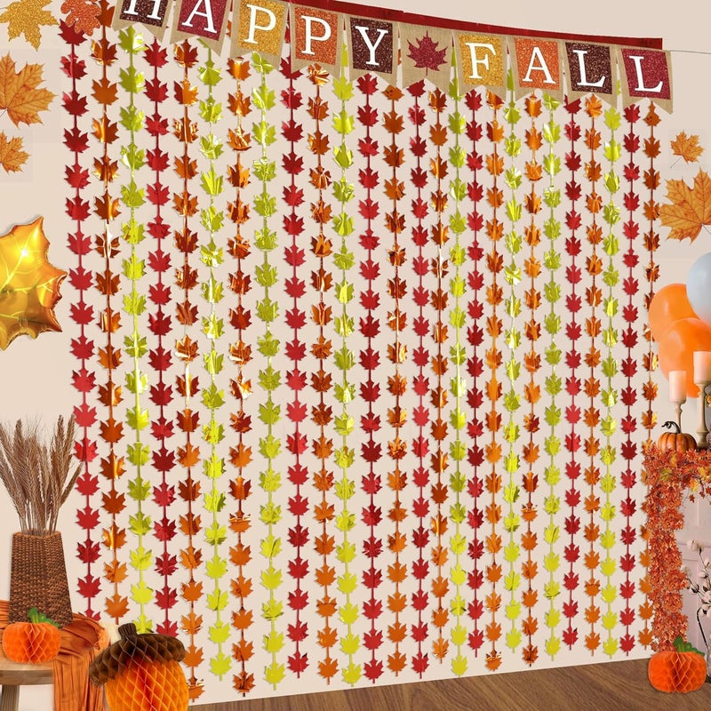 HALOGATE 3-Pack Fall Decorations, Fall Red Orange Yellow Maple Leaves Metallic Foil Fringe Curtains, 3.3X6.6Ft Farmhouse Harvest Tinsel Curtain Streamers for Autumn Thanksgiving Party Photo Booth Backdrop - Image 1