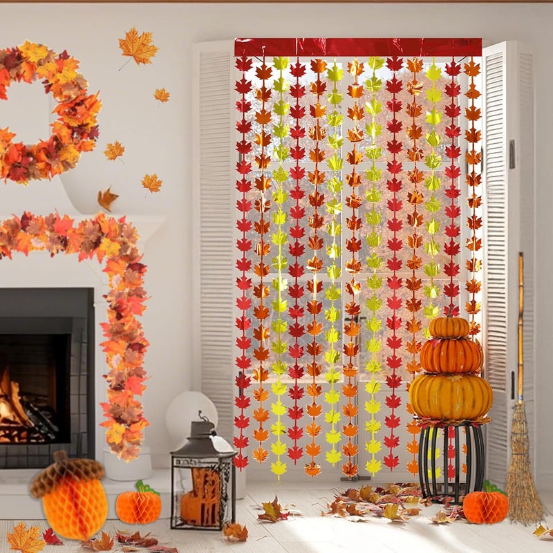 HALOGATE 3-Pack Fall Decorations, Fall Red Orange Yellow Maple Leaves Metallic Foil Fringe Curtains, 3.3X6.6Ft Farmhouse Harvest Tinsel Curtain Streamers for Autumn Thanksgiving Party Photo Booth Backdrop - Image 4