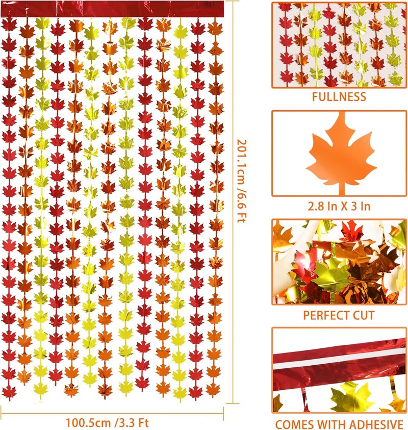 HALOGATE 3-Pack Fall Decorations, Fall Red Orange Yellow Maple Leaves Metallic Foil Fringe Curtains, 3.3X6.6Ft Farmhouse Harvest Tinsel Curtain Streamers for Autumn Thanksgiving Party Photo Booth Backdrop - Image 2