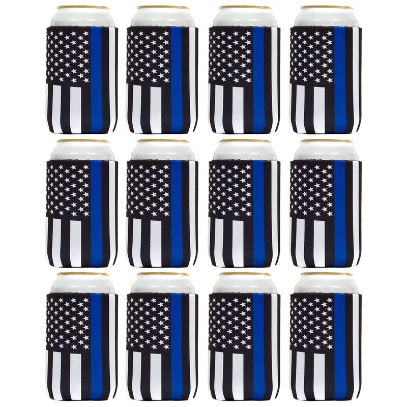 QualityPerfection Beer Can Cooler Sleeve  Neoprene Collapsible Coolie Economy Bulk Insulation with Stitches Perfect 4 Events Custom DIY Projects - 12 Pack - Pattern (Police - USA Black Flag) - Image 1