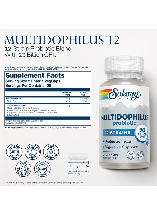 Solaray - Multidophilus 12 Strain Probiotic 20 Billion CFU, Probiotics for Digestive Health and Gut Health Support w/Prebiotic Inulin, Made Without Dairy, 60 Day Guarantee, 25 Serv, 50 Enteric VegCaps - Image 1