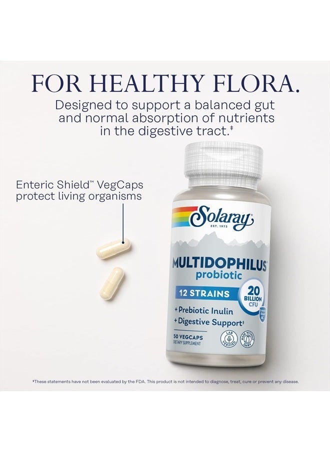 Solaray - Multidophilus 12 Strain Probiotic 20 Billion CFU, Probiotics for Digestive Health and Gut Health Support w/Prebiotic Inulin, Made Without Dairy, 60 Day Guarantee, 25 Serv, 50 Enteric VegCaps - Image 1