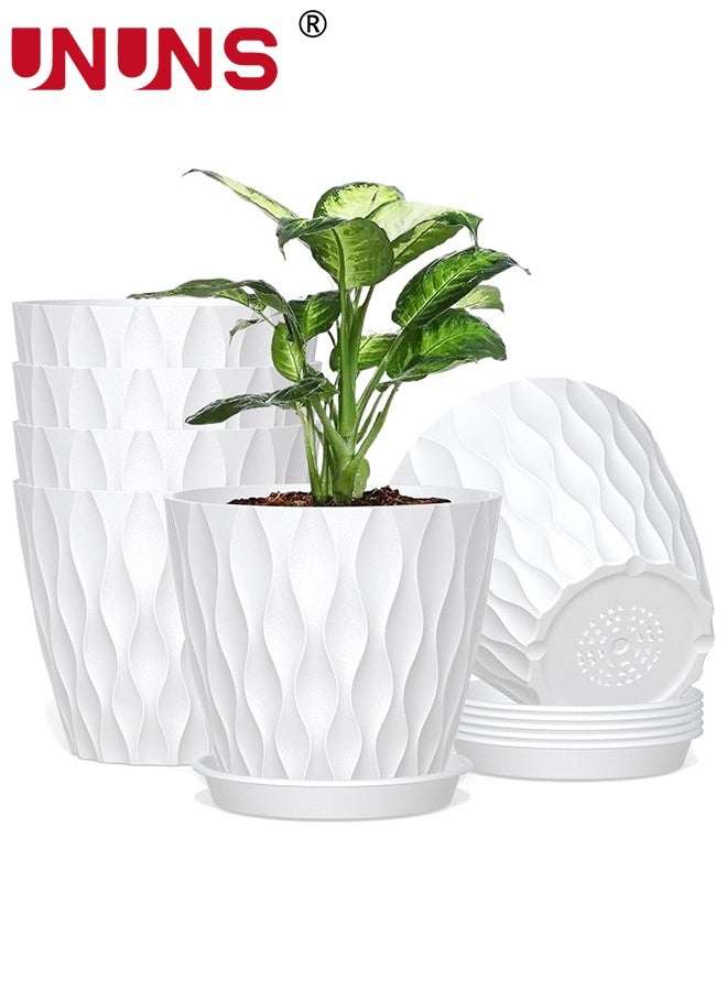 UNUNS 6 Pack Plastic Flower Pot,Plant Planters With Drainage Holes And Trays For Indoor Plants,Outdoor Planter Pot,Plastic Decorative Garden Pots Planters,White - Image 1
