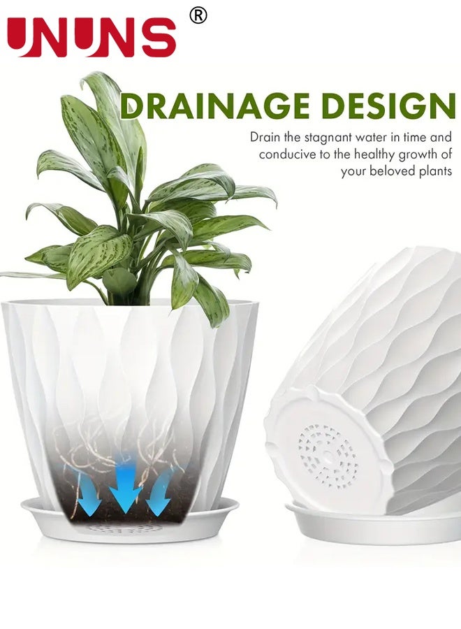 UNUNS 6 Pack Plastic Flower Pot,Plant Planters With Drainage Holes And Trays For Indoor Plants,Outdoor Planter Pot,Plastic Decorative Garden Pots Planters,White - Image 5