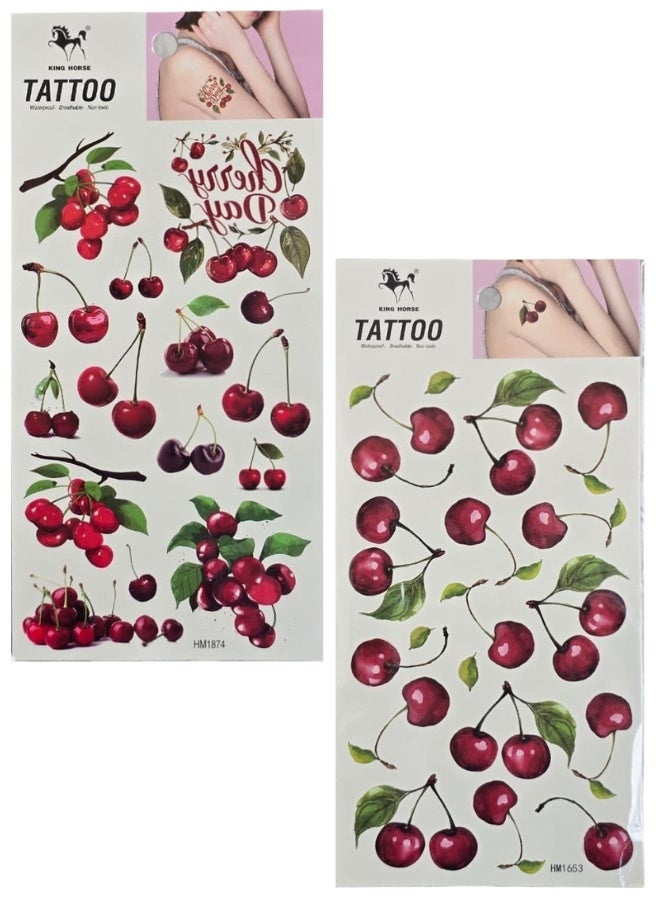 2-Pack Waterproof Temporary Tattoo Stickers for Women – Realistic Cherry Designs, English Quotes, Floral Bow & Apricot Elements, Easy Apply Body Art Tattoos, Perfect for Fun Makeup, Parties, Festivals & Gifts - Image 1