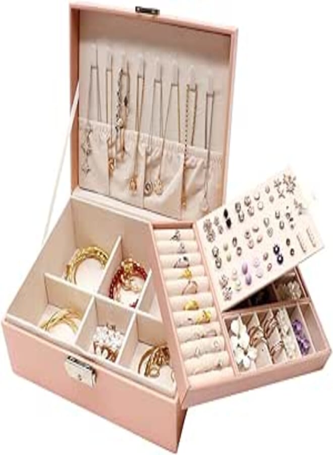 Jewellery Box Girls Ladies Jewellery Storage Travel Small Jewellery Box 2 Layers PU Leather Jewellery Box Velvet Jewellery Box with Key for Rings Earrings Bracelets Necklaces (Pink)