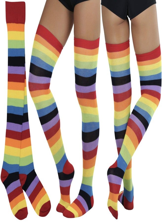جوارب نسائية من ToBeInStyle بألوان قوس قزح زاهية ومخططة تصل إلى أعلى الفخذ - قوس قزح - مقاس واحد - Image 2