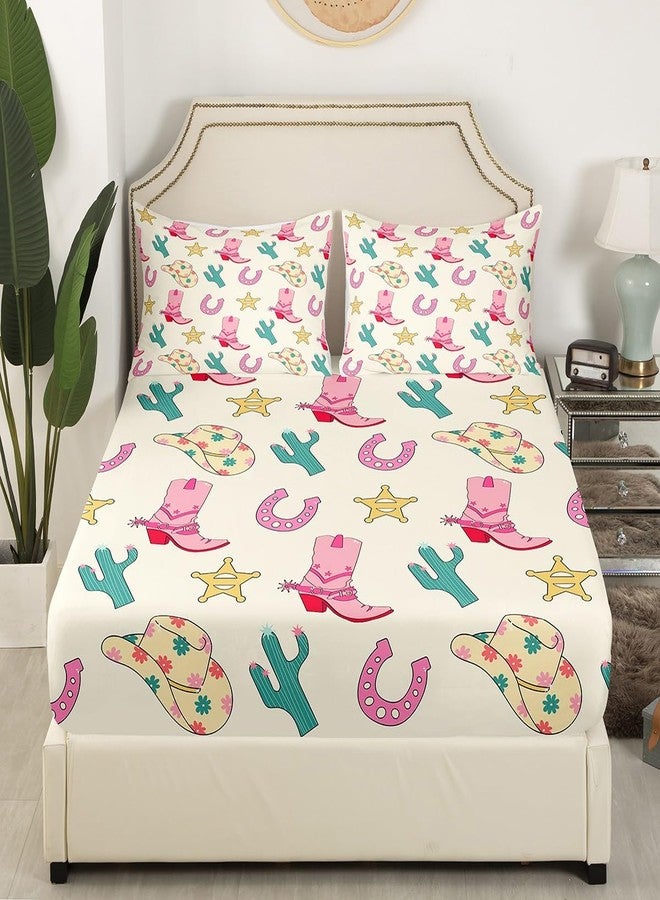 Feelyou Western Decor Bed Sheet Set Twin Size Wild Western Cowboy Fitted Sheet for Kids Boys Girls Decor Cowboy Boots Cowboy Hat Horseshoe Cactus Bedding Set Pink Bed Cover Deep Pocket(No Top Sheet) - Image 2