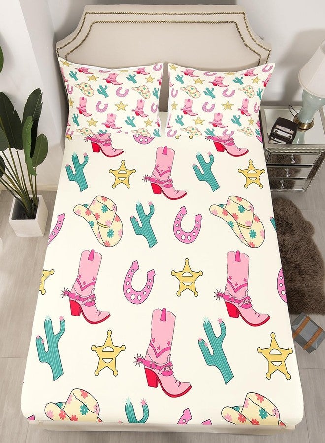 Feelyou Western Decor Bed Sheet Set Twin Size Wild Western Cowboy Fitted Sheet for Kids Boys Girls Decor Cowboy Boots Cowboy Hat Horseshoe Cactus Bedding Set Pink Bed Cover Deep Pocket(No Top Sheet) - Image 3