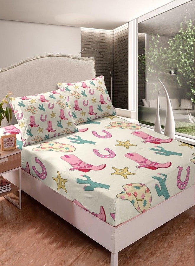 Feelyou Western Decor Bed Sheet Set Twin Size Wild Western Cowboy Fitted Sheet for Kids Boys Girls Decor Cowboy Boots Cowboy Hat Horseshoe Cactus Bedding Set Pink Bed Cover Deep Pocket(No Top Sheet) - Image 1
