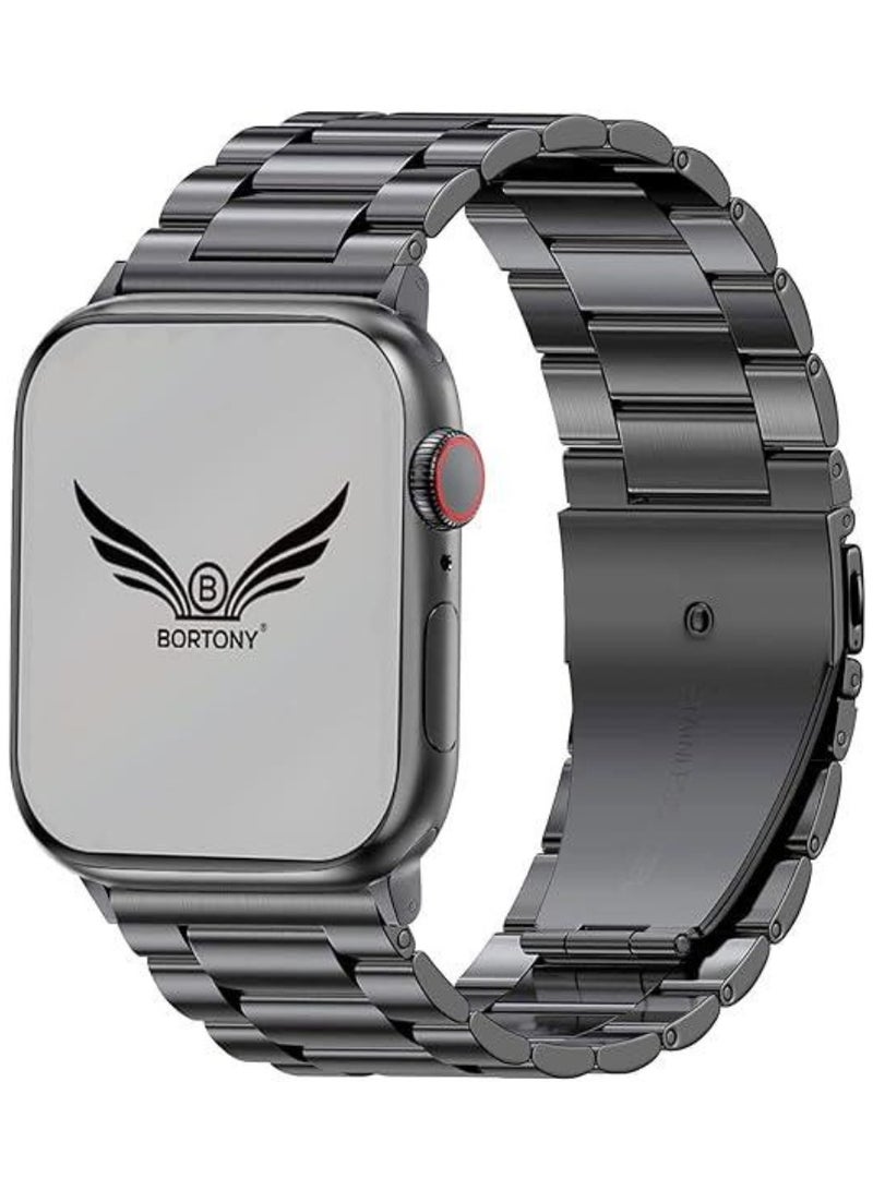 BORTONY Stainless Steel Watch Band Compatible with iWatch 42mm 44mm 45mm 49mm – Premium Metal Strap for Apple Watch Ultra, Series 8, 7, 6, 5, SE, SE2 – Elegant, Durable Replacement Band for Men and Women Black - Image 2