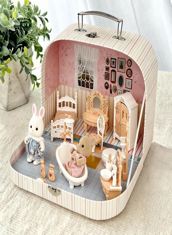 TUZT Suitcase Dollhouse Furniture Set for Kids, Mini Dollhouse Box with 2 Flexible Dolls and Bedroom&Bathroom Furnitures, Pretend Play Accessories Christmas Birthday Gift for Toddlers Ages 3+ - Image 3