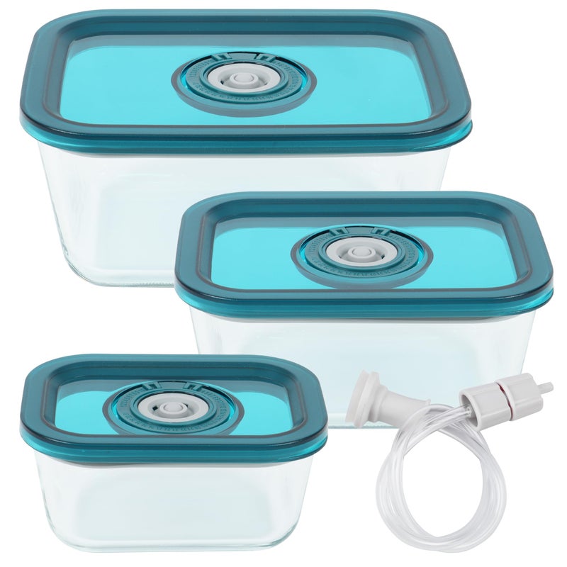 Avid Armor BPA-Free Borosilicate Glass Vacuum Containers, Set of 3 (12.5 oz, 23.7 oz, 38.9 oz) â€“ Green SAN Lid with Date Coding, Works with Most Vacuum Sealers for Dry Goods & Marinating Includes Hose - Image 1