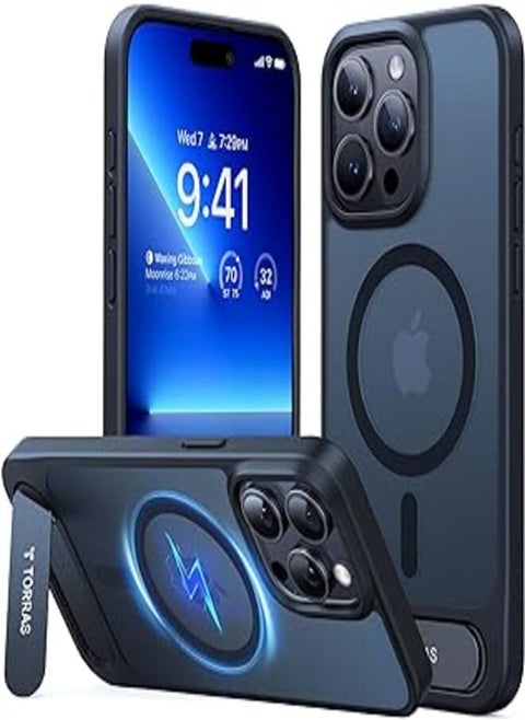 TORRAS Pstand-Mag Case for iPhone 15 Pro Max Case Shockproof Beyond 12FT TOP N56 Magnets for MagSafe Charging, 0.03 in Invisible Stand Truly Completely Flat Slim Case for iPhone 15 Pro Max Cover Black