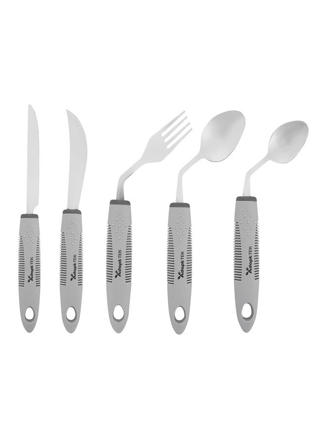 Restaurantware Adaptive Utensil Set (5-Piece Set) Gray Left-Hand Stainless Steel Adaptive Utensils Lightweight Non-Slip Easy Grip Spoons, Knives, Fork for Elderly, Arthritis, Tremors, Parkinson's - Image 1