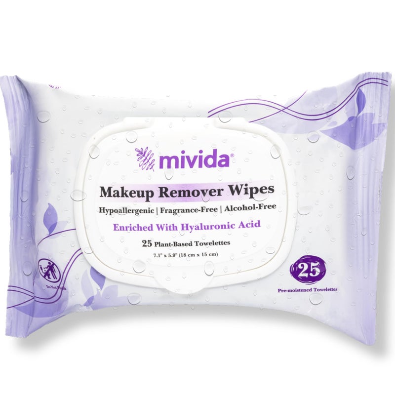 mivida Hypoallergenic Makeup Remover Wipes with Hyaluronic Acid, Alcohol Free & Fragrance Free Makeup Wipes For Sensitive skin, Plant Based Make Up Remover, Travel Friendly 25 Count - Image 1